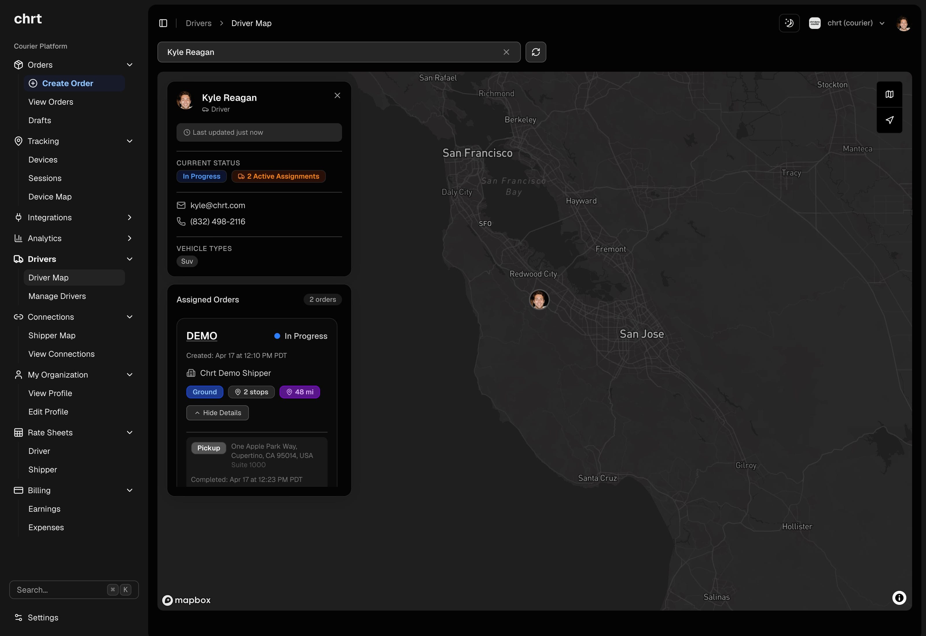 Driver map showing real-time fleet tracking